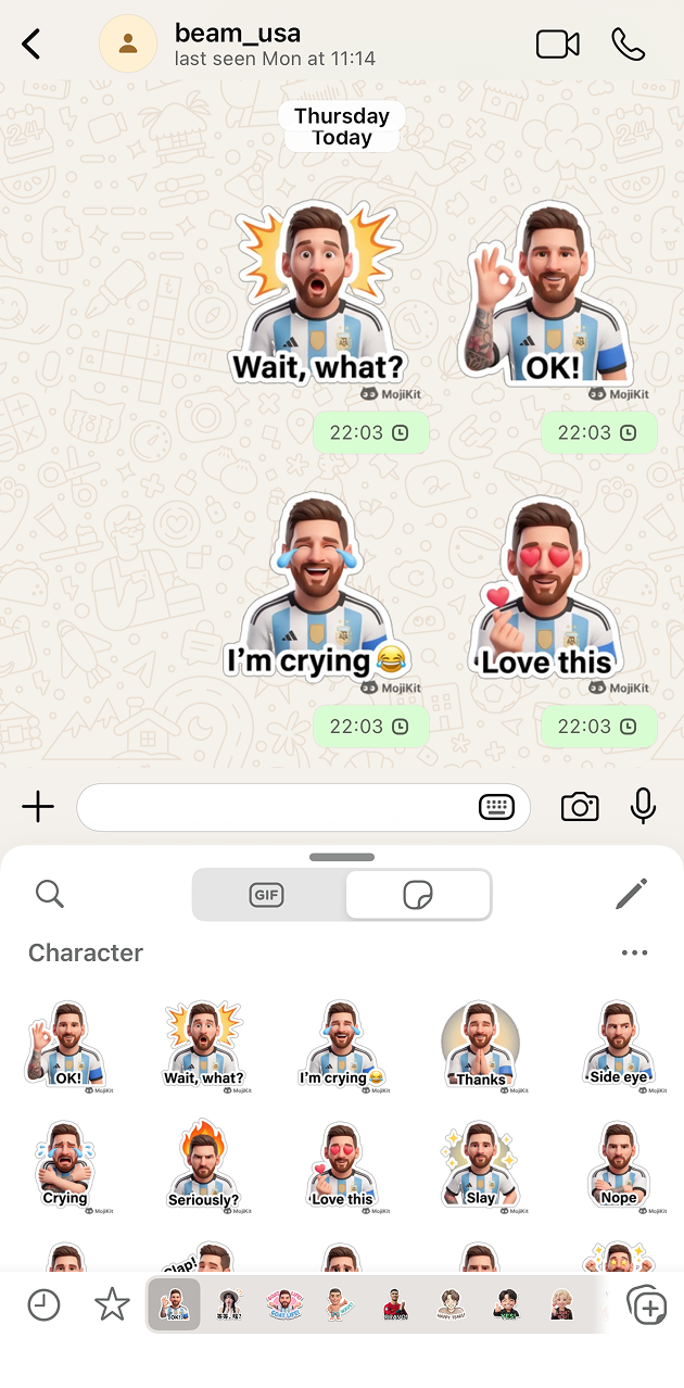 MojiKit stickers used in a WhatsApp conversation