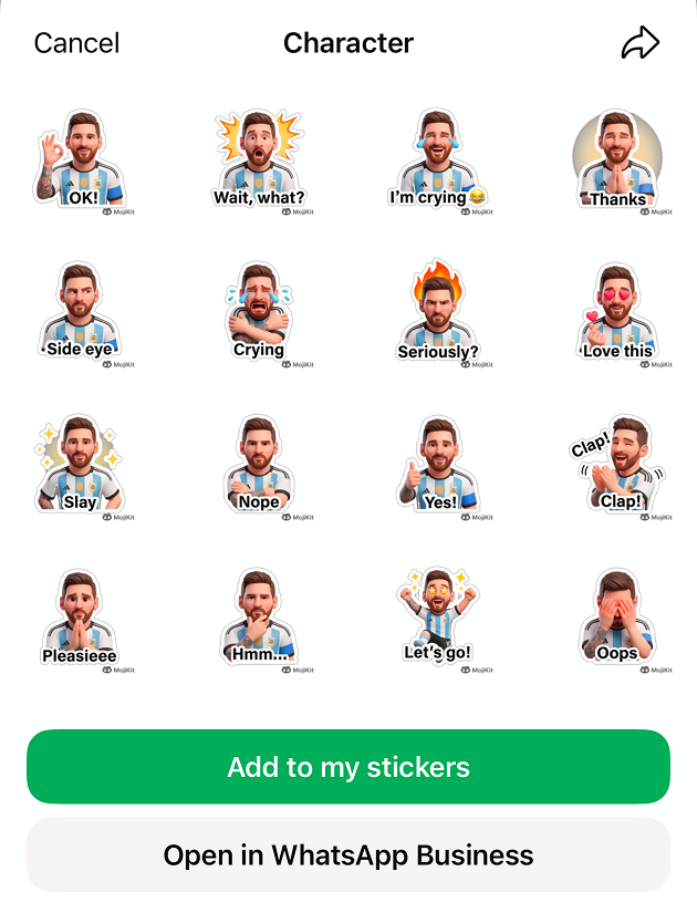 MojiKit character sticker grid with add to my stickers button